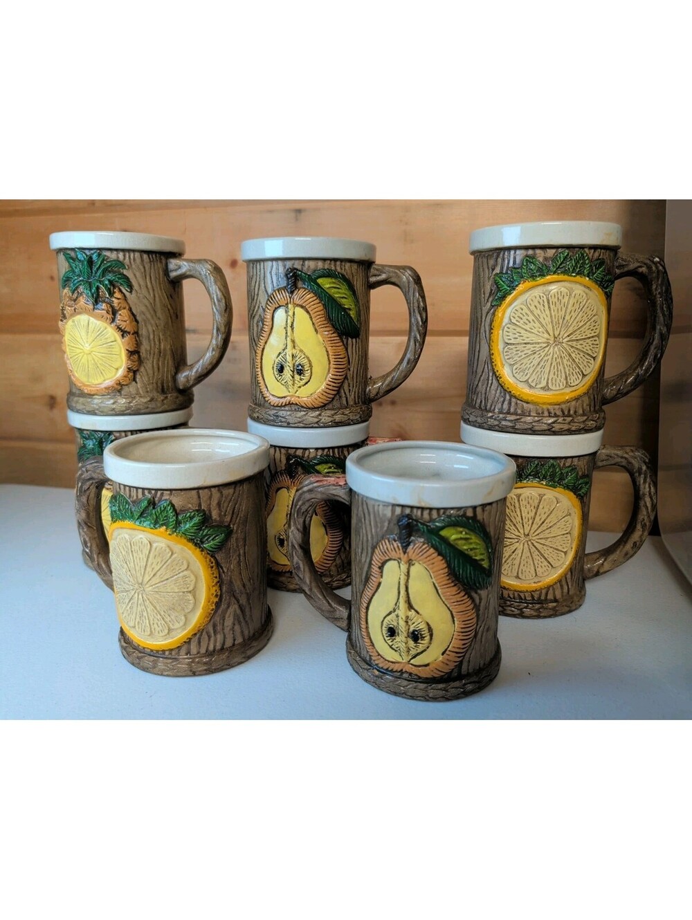 Vintage Hand Painted 1960's Japanese Majolica Style Fruit Mugs Set Of 8